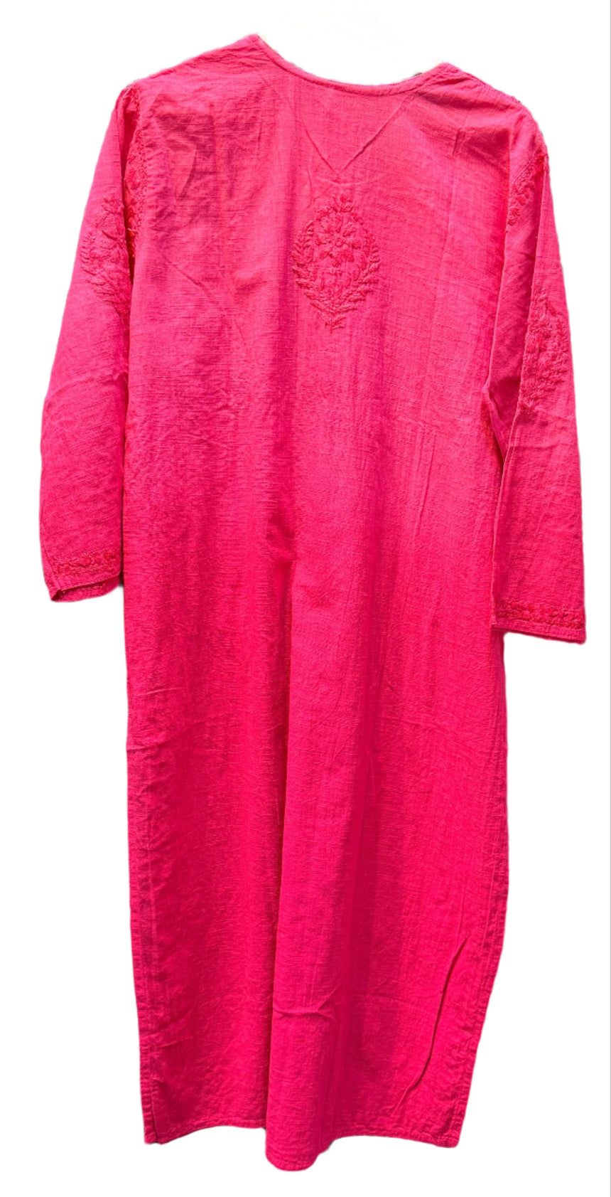 hot pink chikankari khadi kurti rear view
