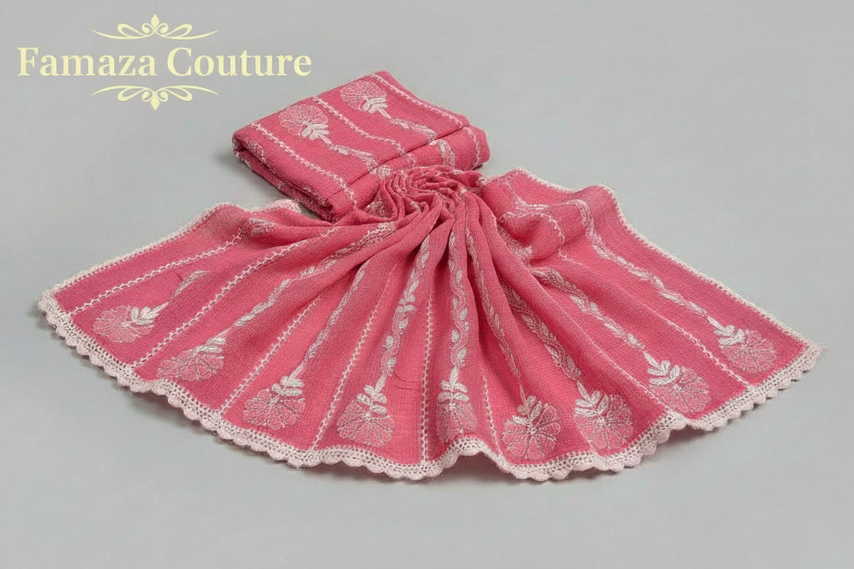 hot pink duppata kota doriya chikankari embroidery close up