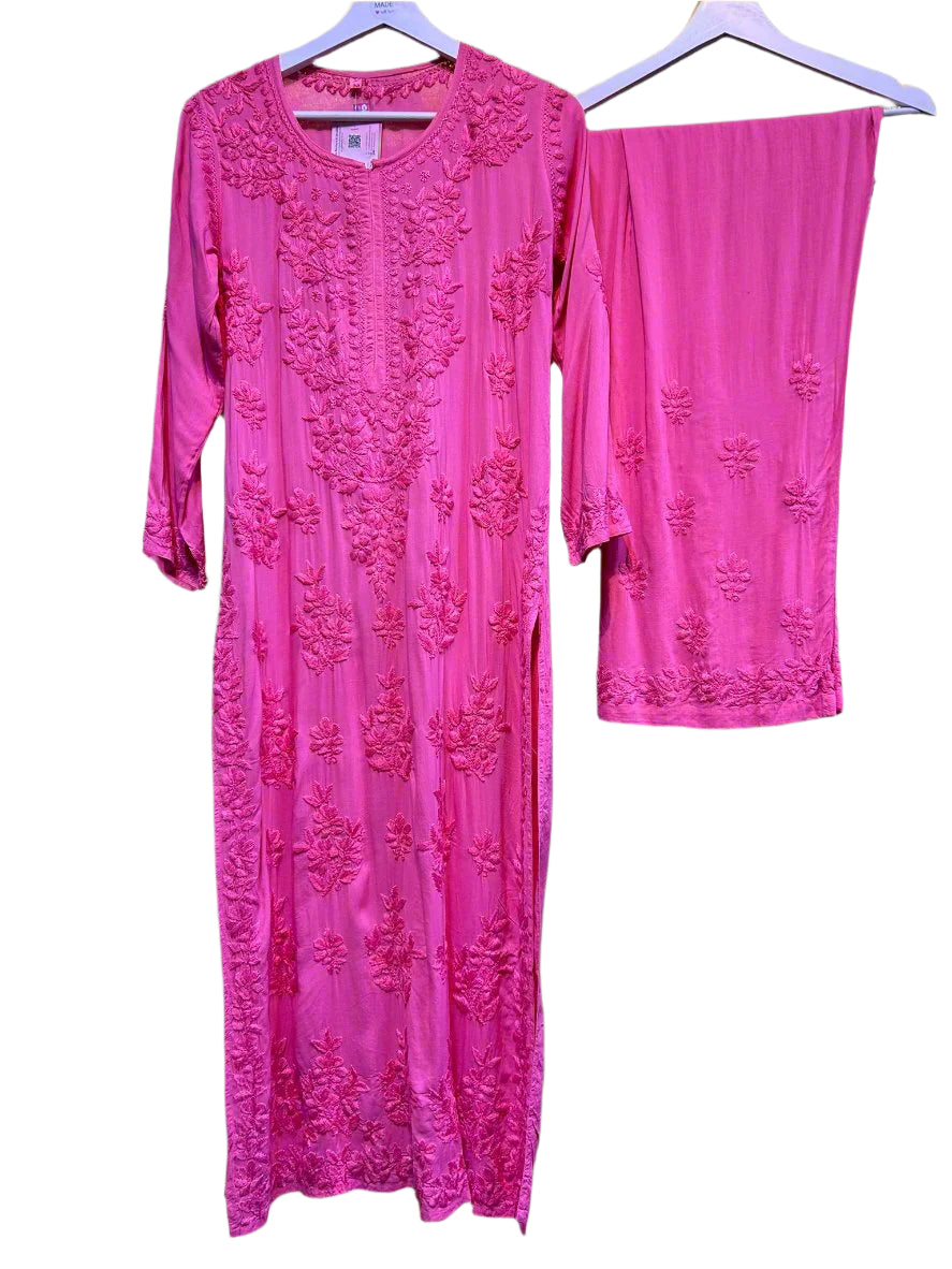 Trending hot pink Chikankari Kurti with Palazzo Pants Set Famazacouture