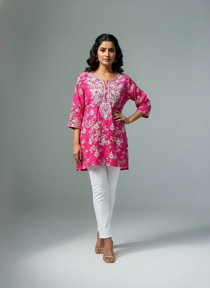 hot pink machine embroidered printed short length kurti by famaza couture