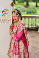 Jahan-Aara hot pink Asian bridal Nikah dress with Kimkhab gharara