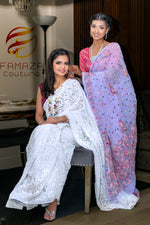 Hand embroidery detail on pastel jaal work saree – Famaza Couture