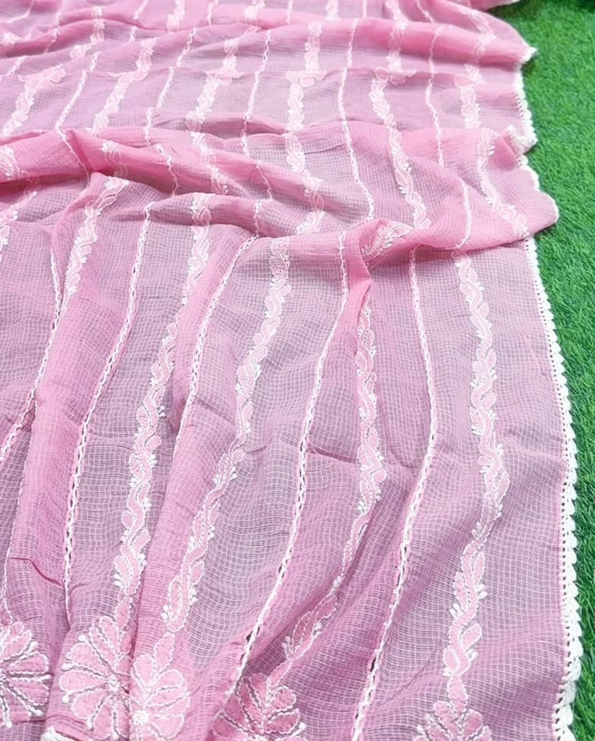 Baby pink duppata focusedHandcrafted Kota Doriya Chikankari Dupatta