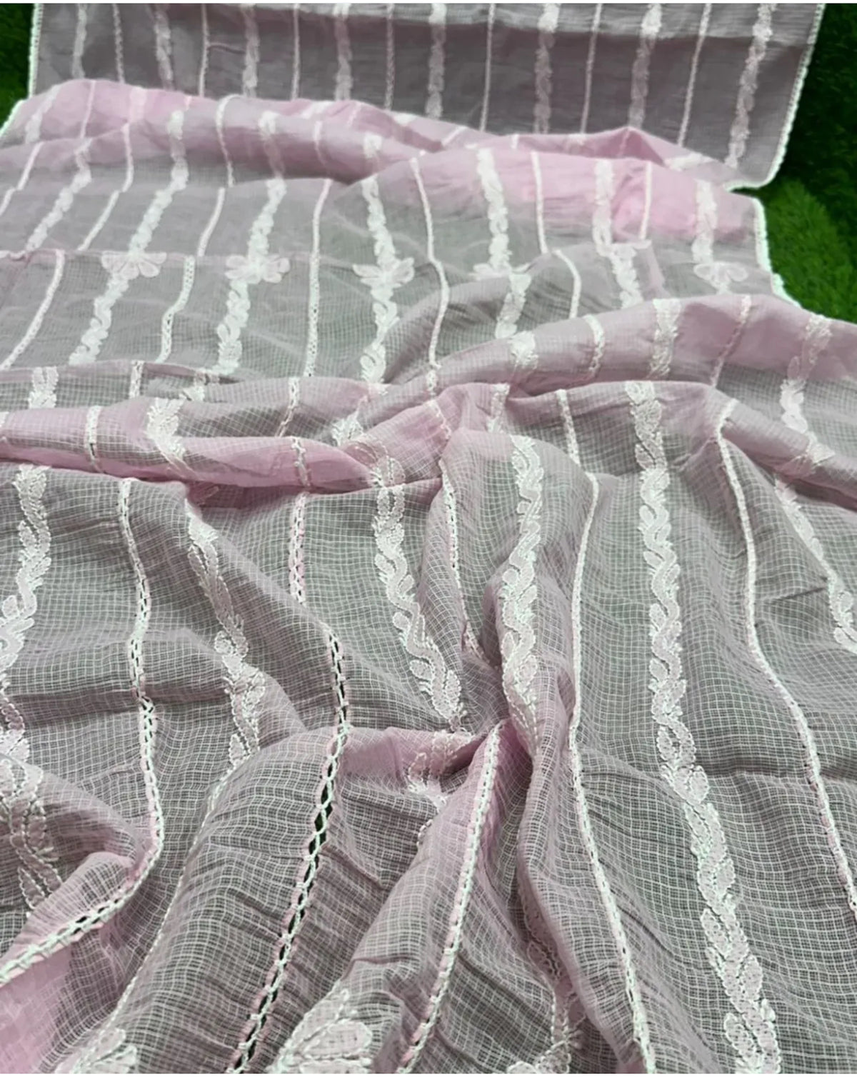 Baby pink Handcrafted Kota Doriya Chikankari Dupatta