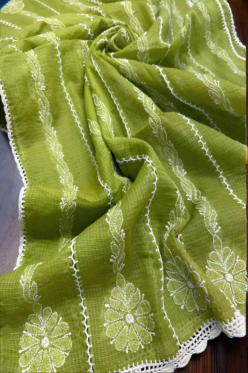 Green with white embroidery kota doriya Chikankari duppata