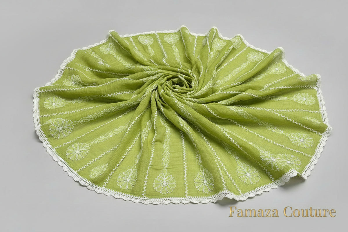 Green with white embroidery kota doriya Chikankari duppata