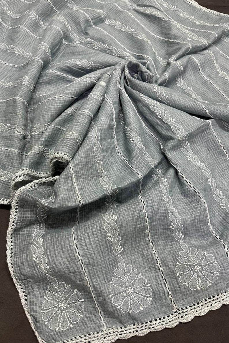 grey Handcrafted Kota Doriya Chikankari Dupatta close up