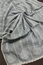 grey Handcrafted Kota Doriya Chikankari Dupatta close up