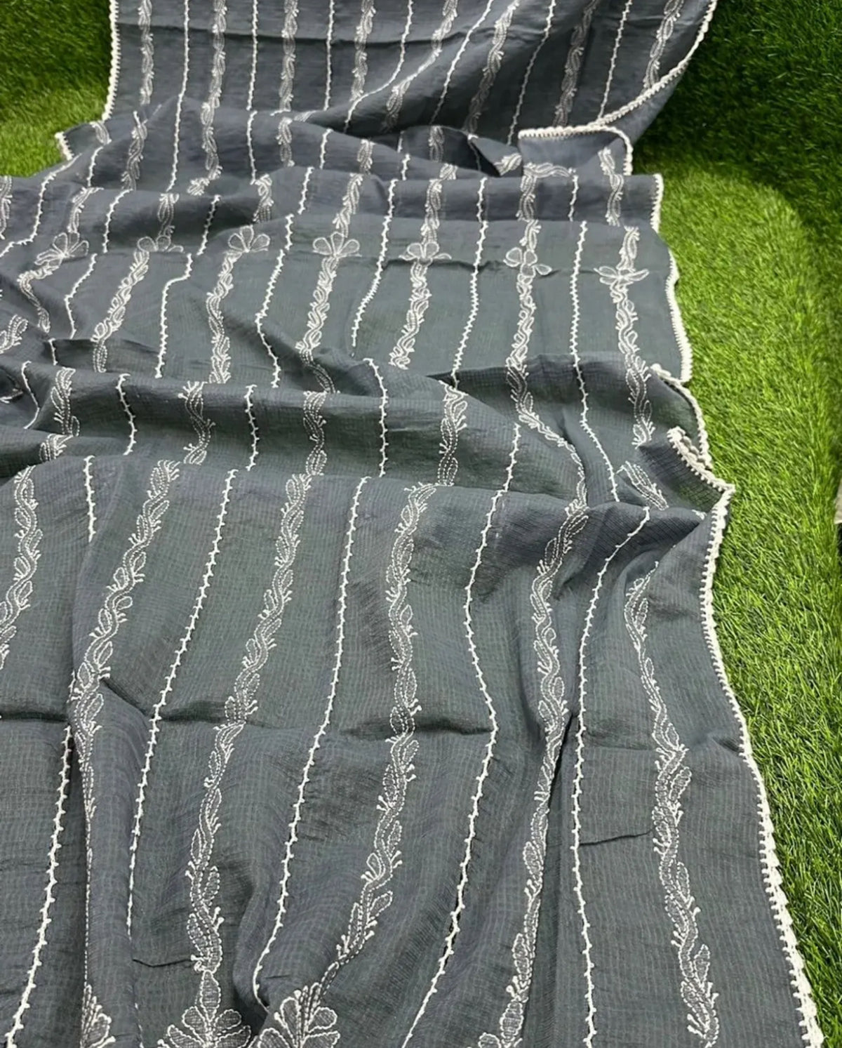 grey Handcrafted Kota Doriya Chikankari Dupatta fully spread open