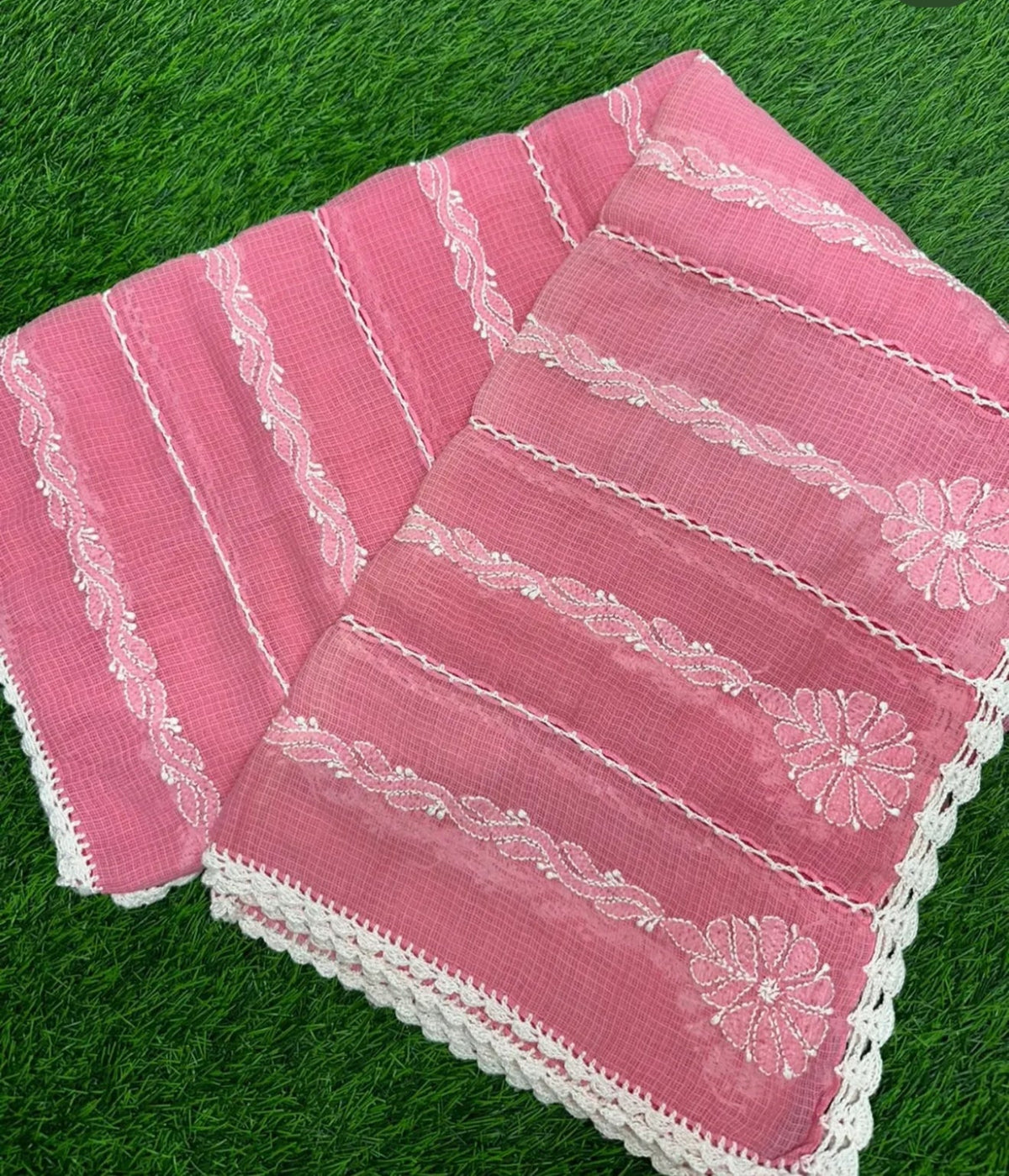 Kota Doria Lightweight Cotton Dupatta with Intricate Embroidery Hot Pink