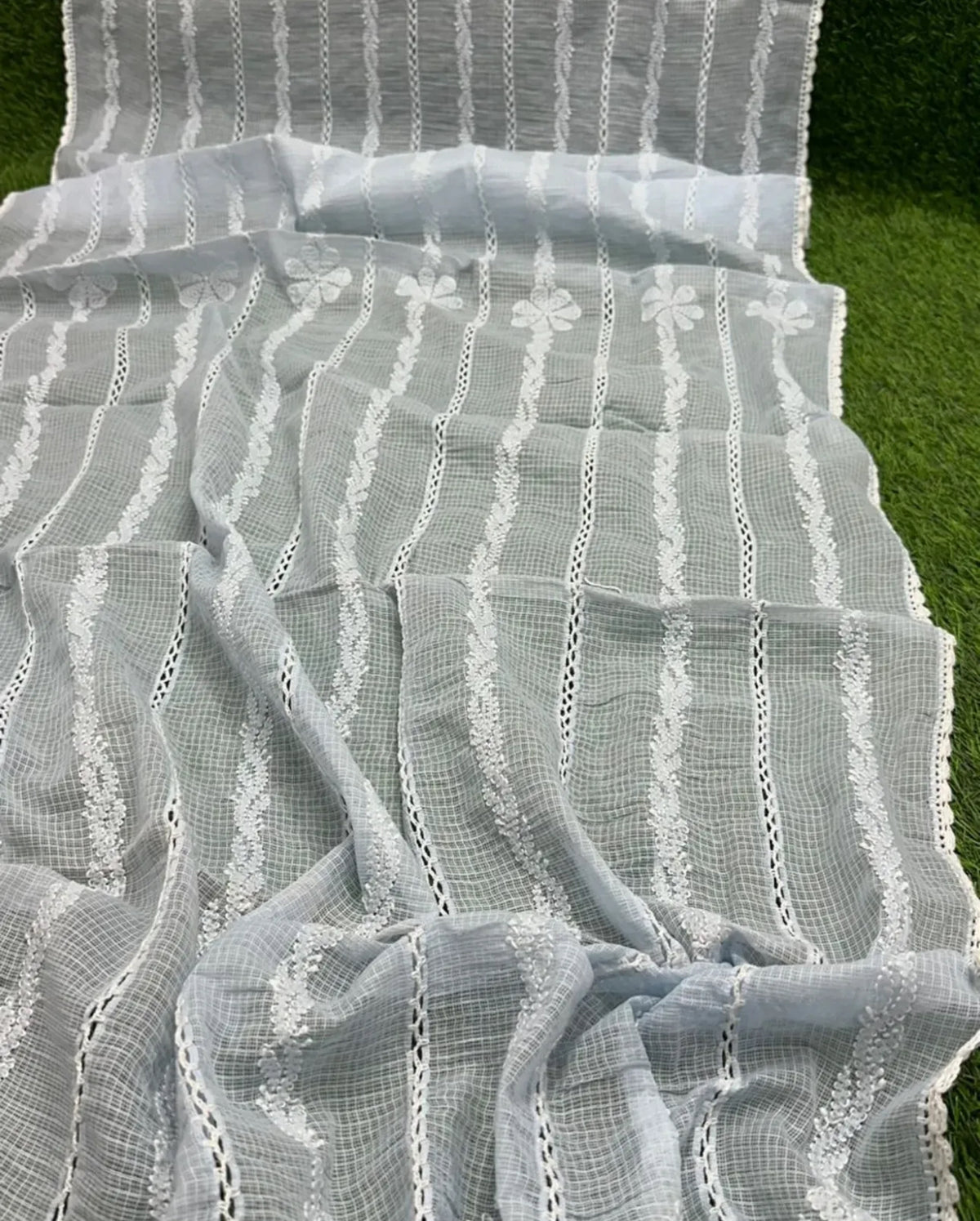 Ice blue Handcrafted Kota Doriya Chikankari Dupatta fully spread open