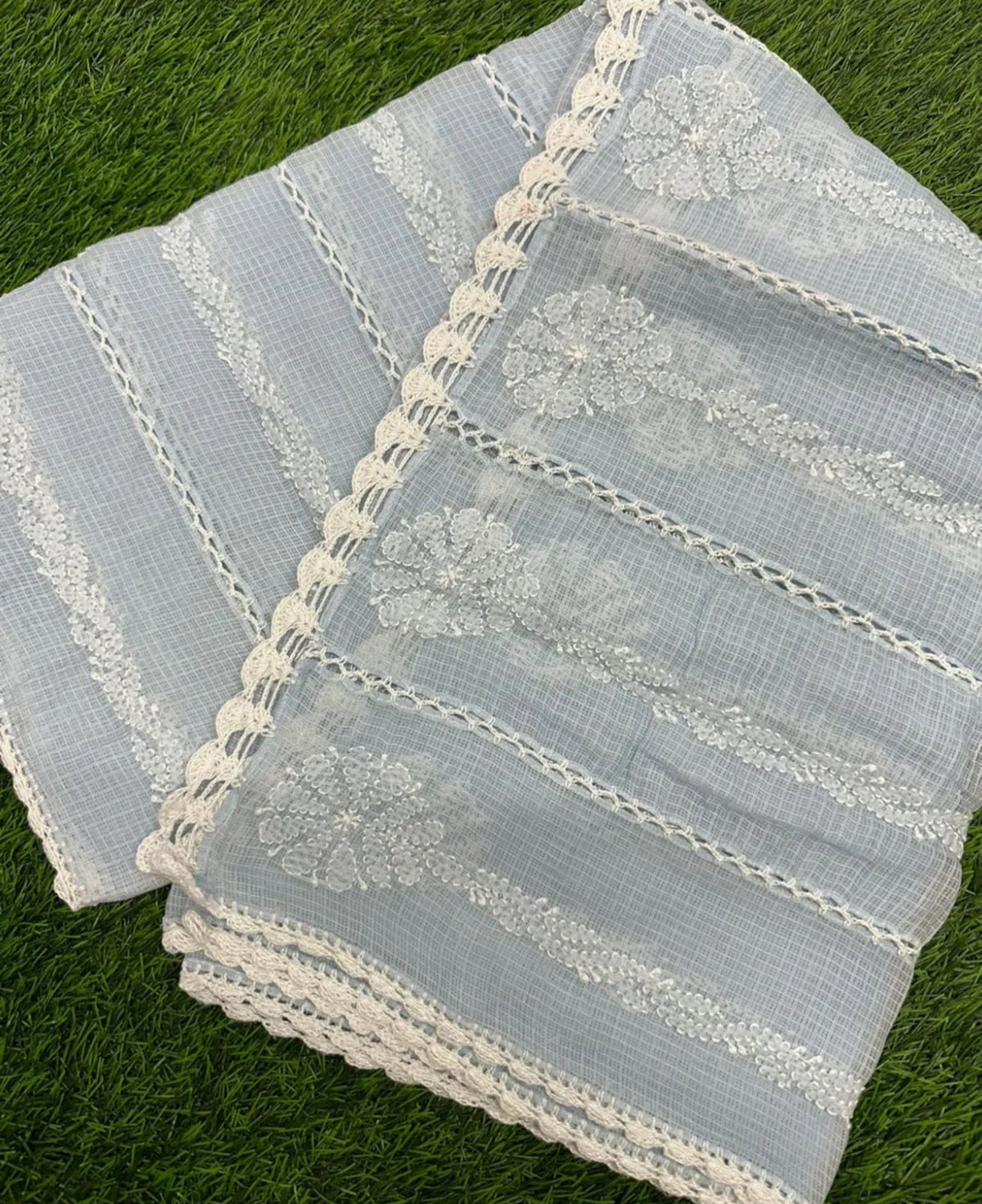 Ice blue Handcrafted Kota Doriya Chikankari Dupatta