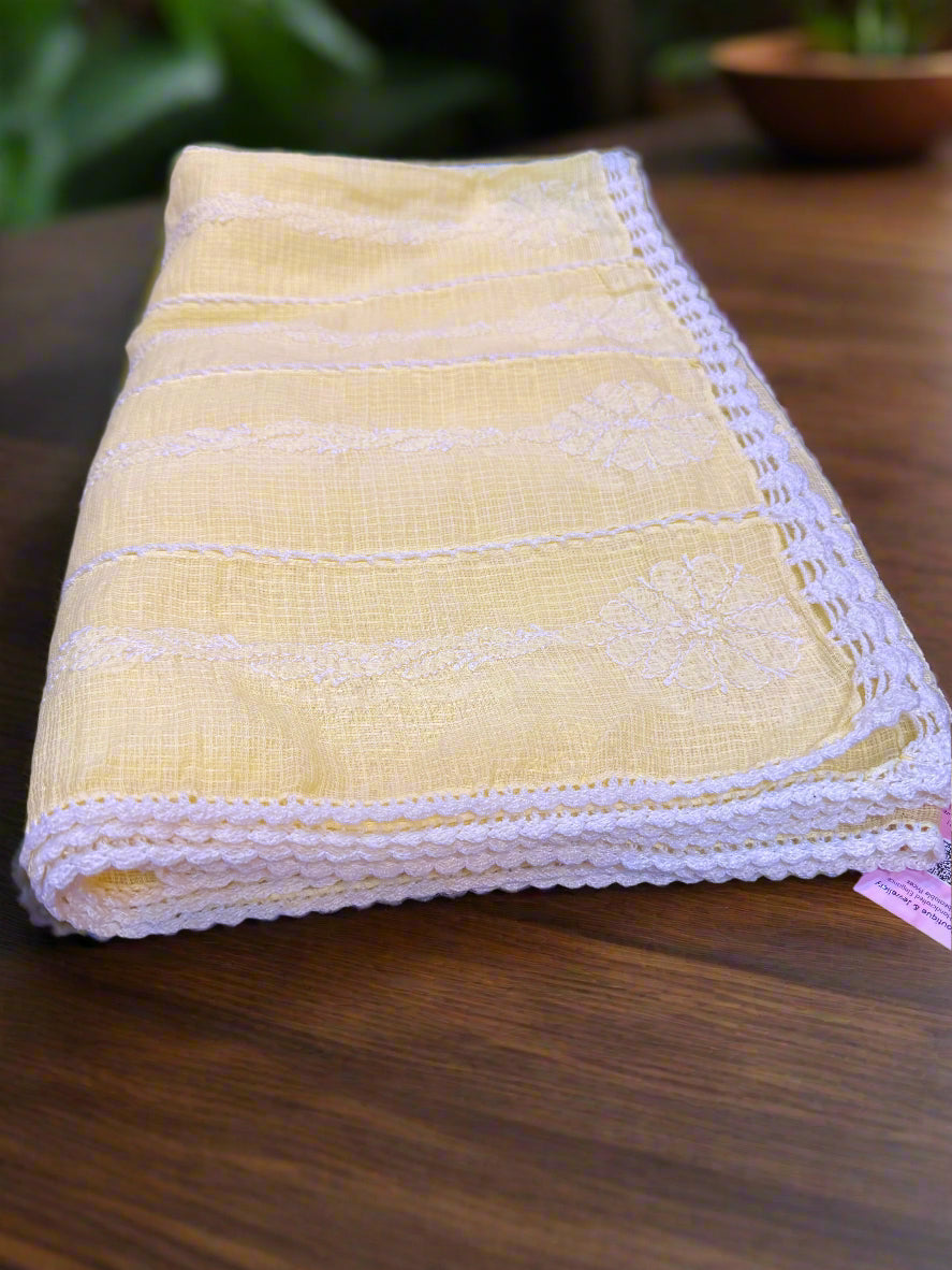 lemon yellow kota doriya chikankari duppata close up