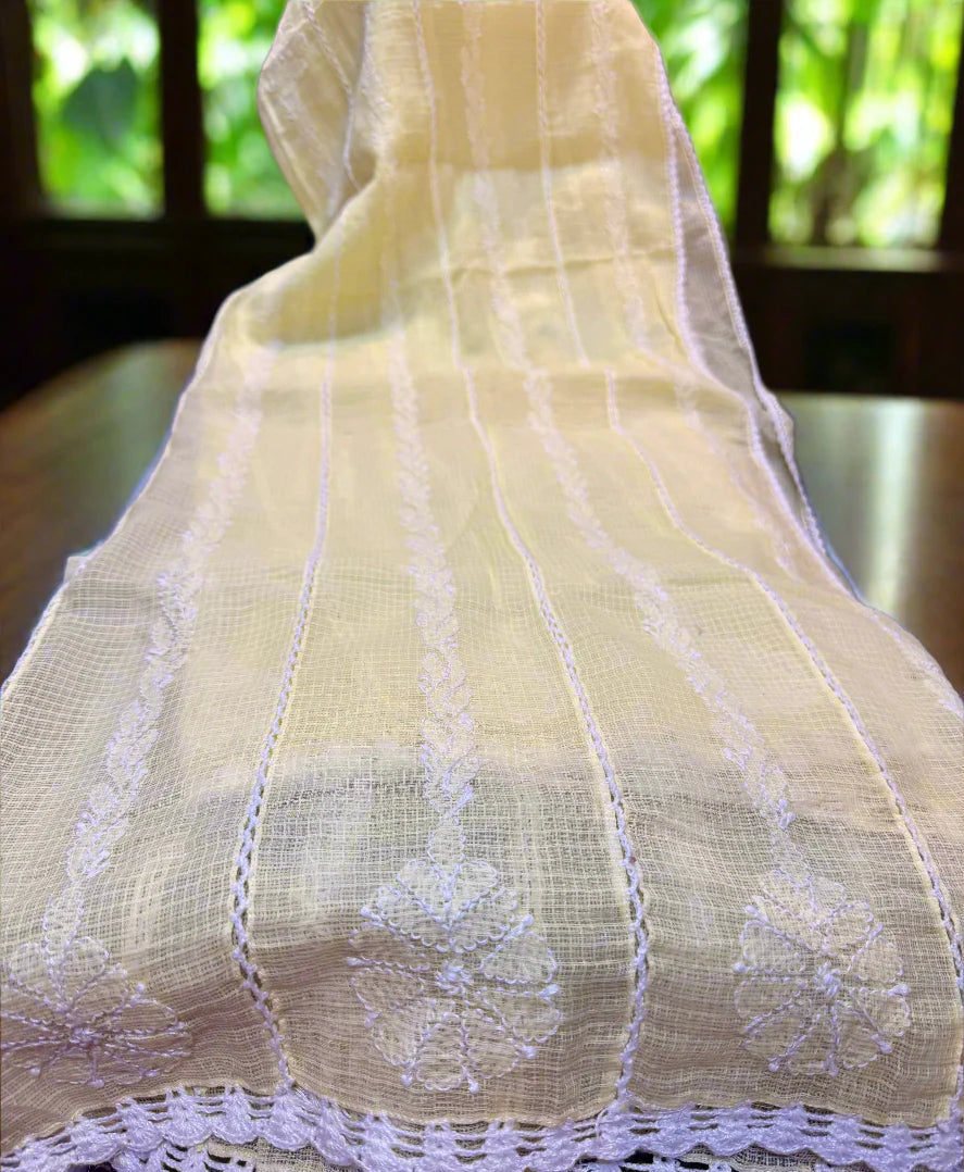 lemon yellow kota doriya chikankari duppata embroidery close up