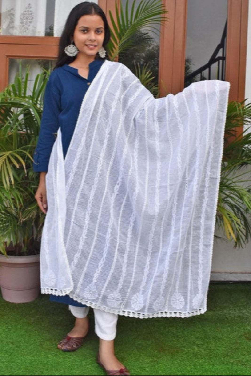 model showing Hand-Embroidered White Kota Doriya Chikankari Dupatta for Women