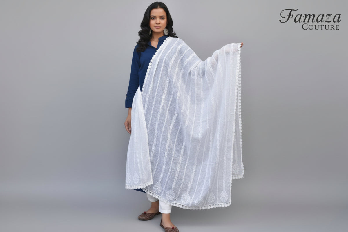 model showing Hand-Embroidered White Kota Doriya Chikankari Dupatta for Women