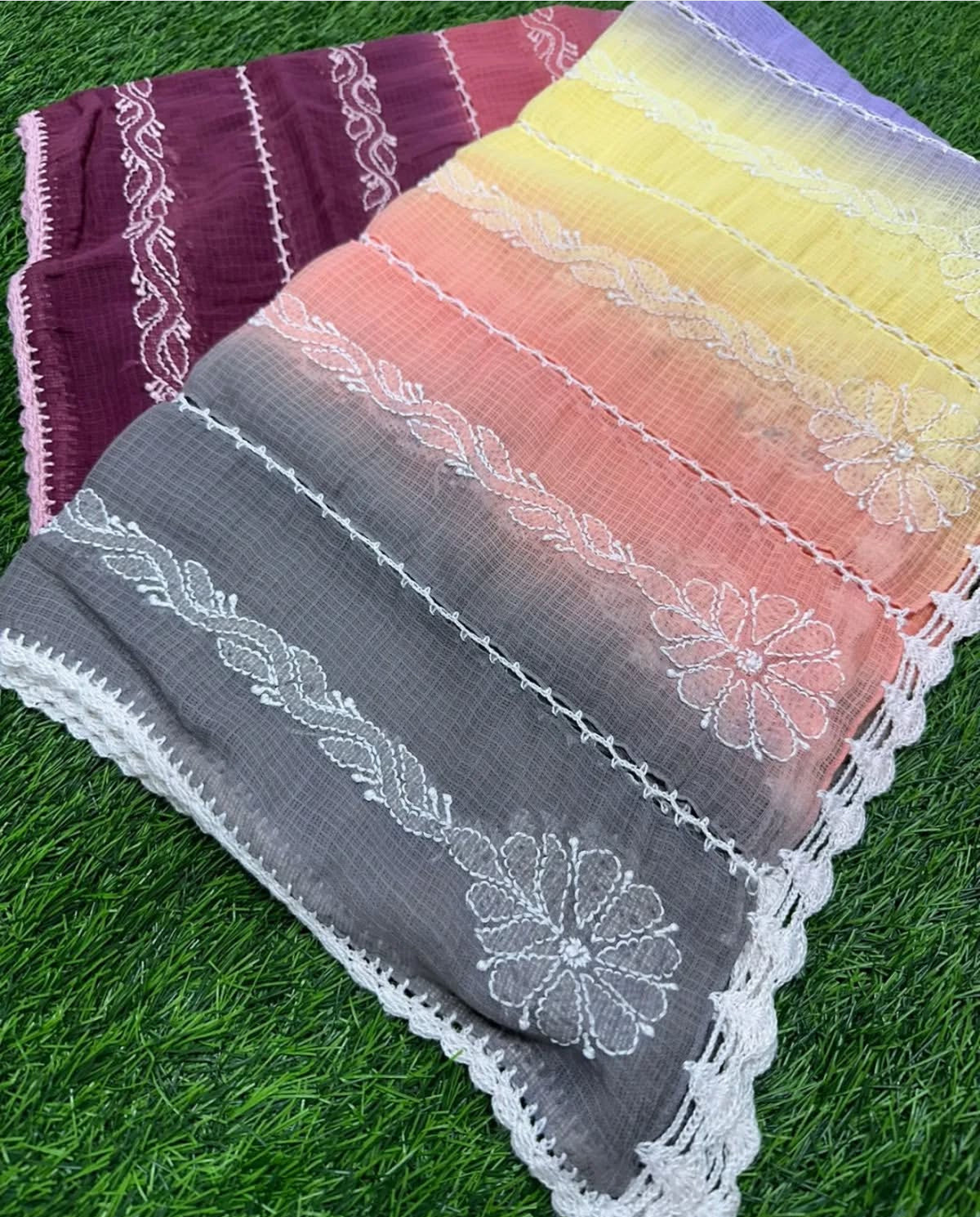 multi colour kota doriya Chikankari duppata embroidery close up