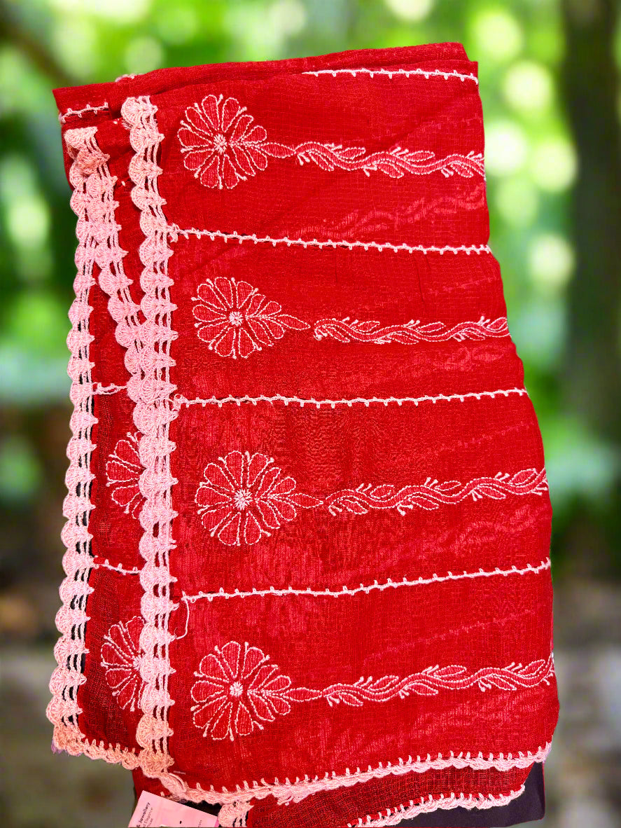 Red with white embroidery Handcrafted Kota Doriya Chikankari Dupatta