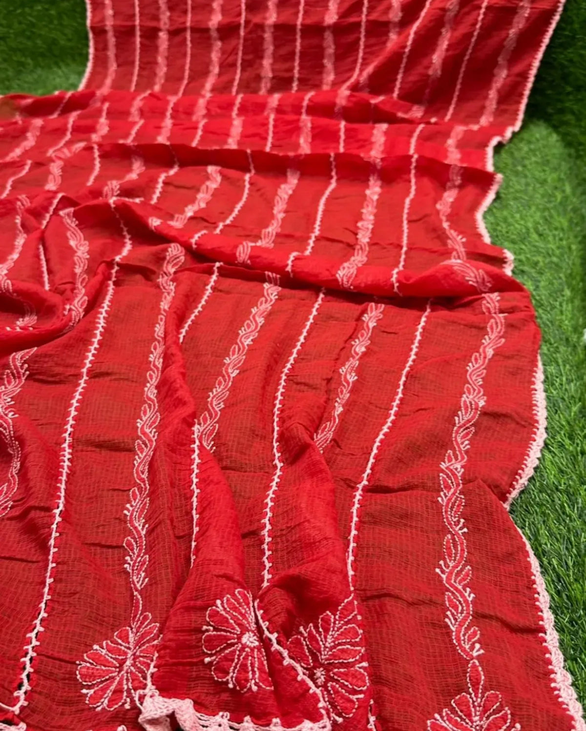Red Chikankari Kota Doriya Chikankari Dupatta