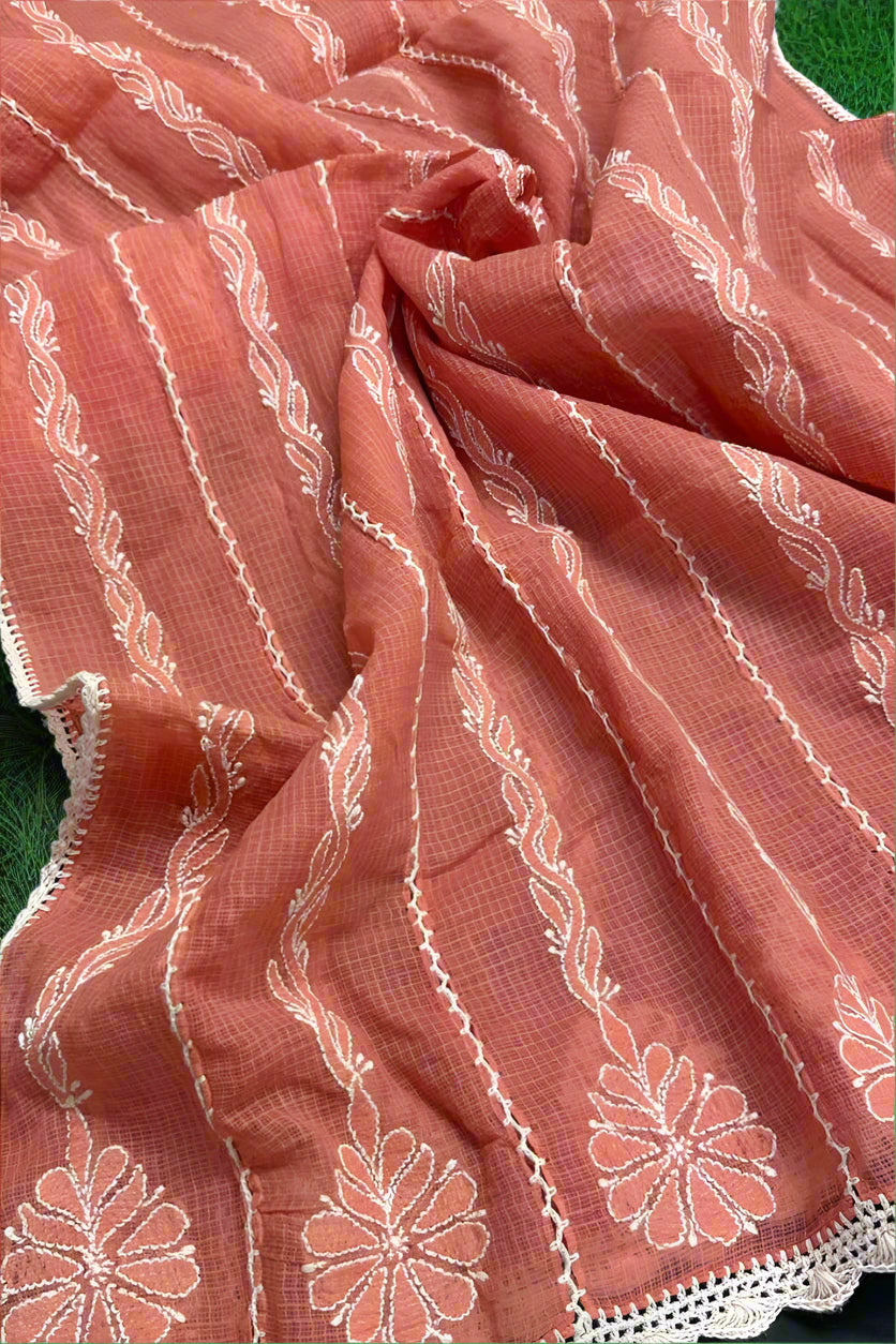 watermelon pink kota doriya chikankari duppata embroidery close up