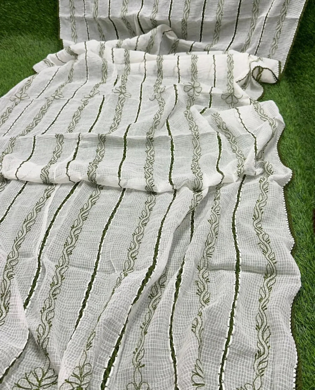 Handcrafted white with green Kota Doria Chikankari Dupatta spread open