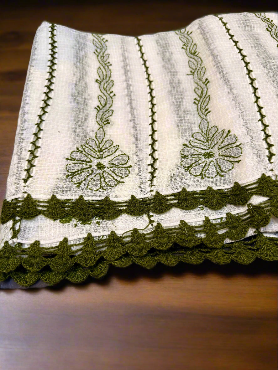 White with green embroidery Handcrafted Kota Doriya Chikankari Dupatta