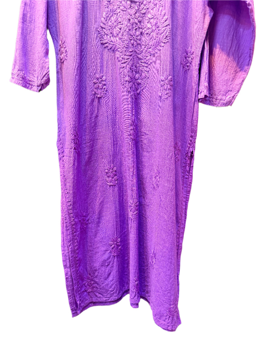 lavender chikankari khadi kurti front bottom close up view