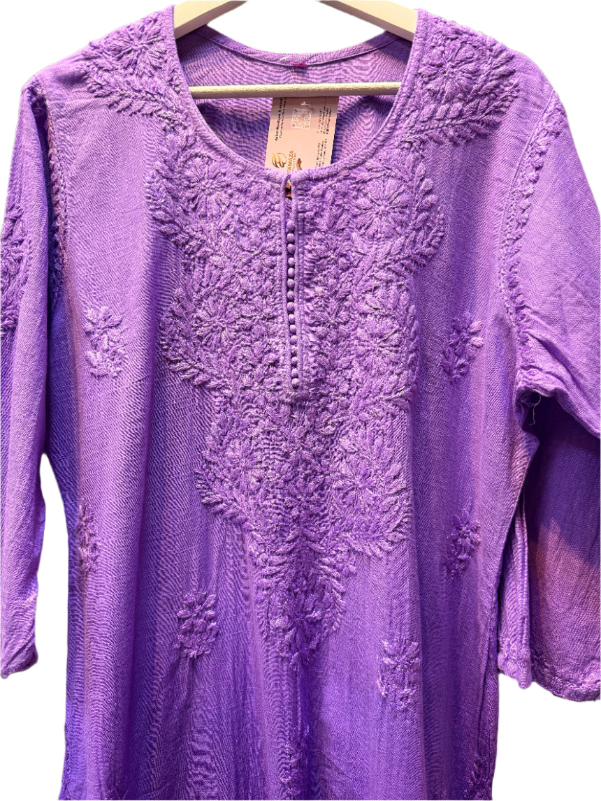 lavender chikankari khadi kurti front top close up view