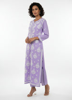 lavender colour Chikankari long kurti with white embroidery in modal fabric by famaza couture