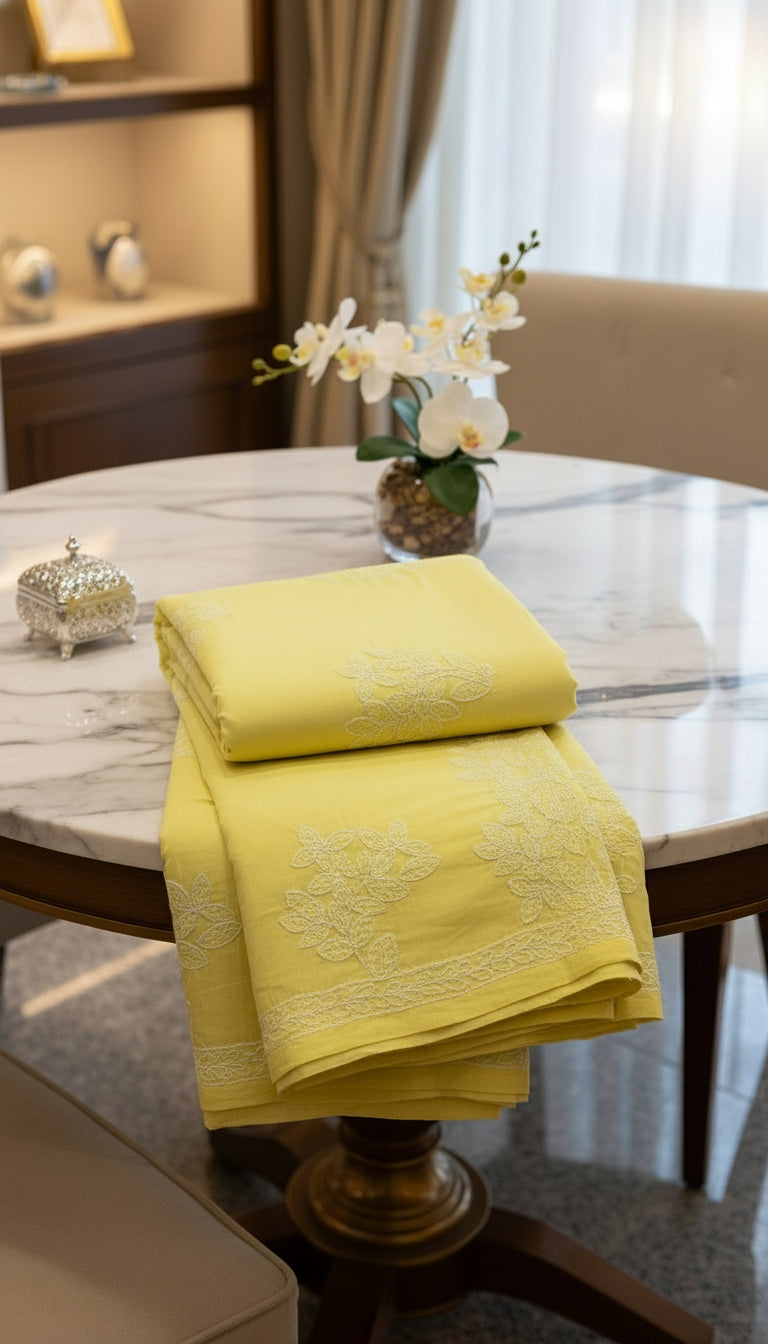 lemon colour cotton saree with hand embroidered chikankari saree by famaza couture