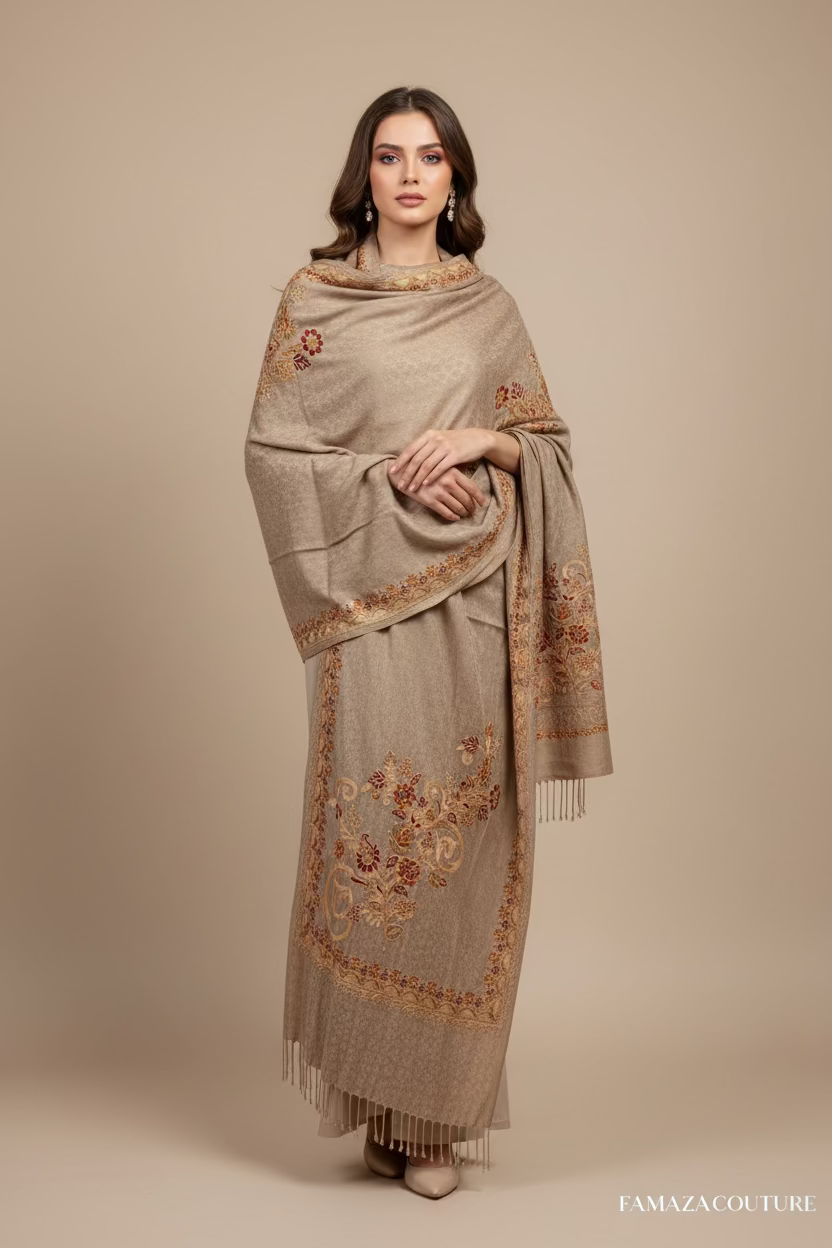 light taupe embroiderer scarf with gold designs on a black stand.