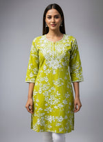 lime green machine embroidered printed short length kurti by famaza couture