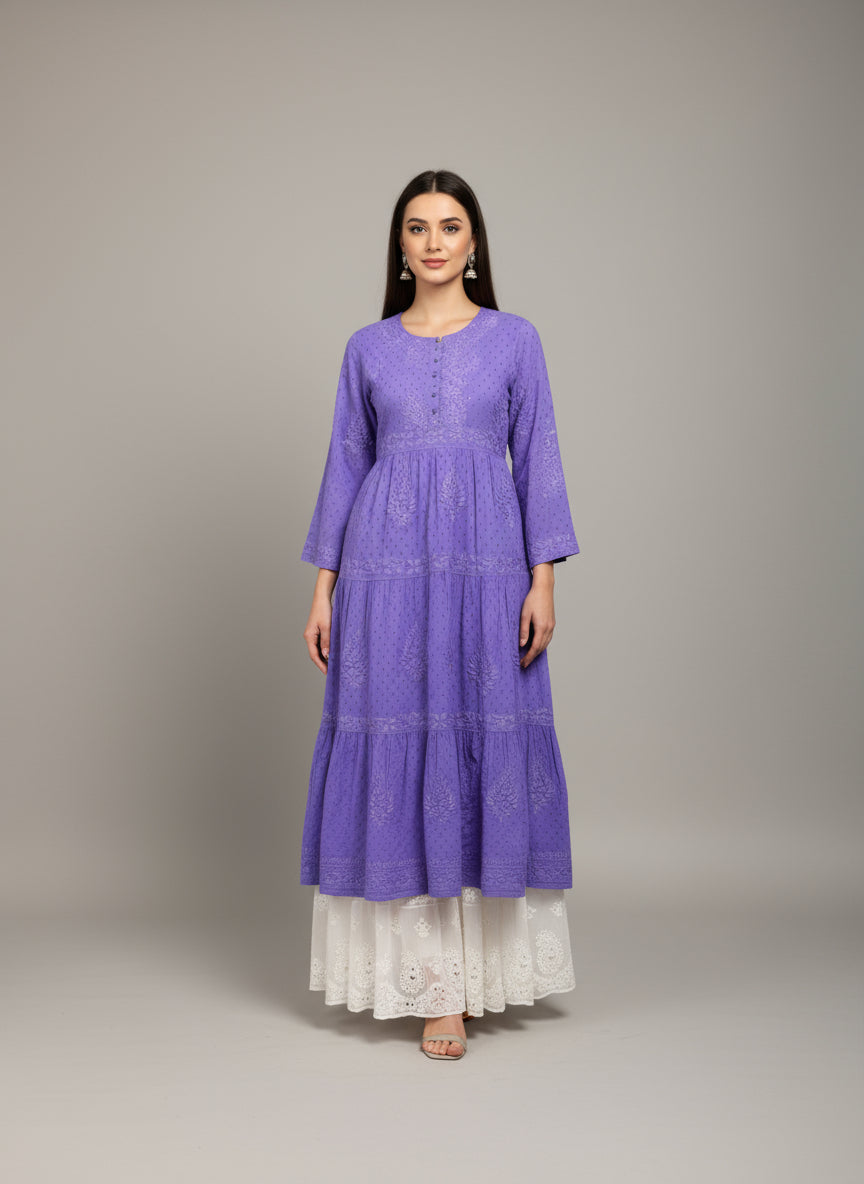 Purple dobby cotton long dress with a white flared trousers