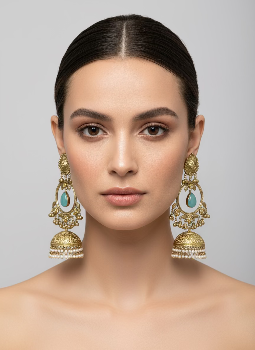 Ornate gold earrings with turquoise stones on a white card, held by a hand.