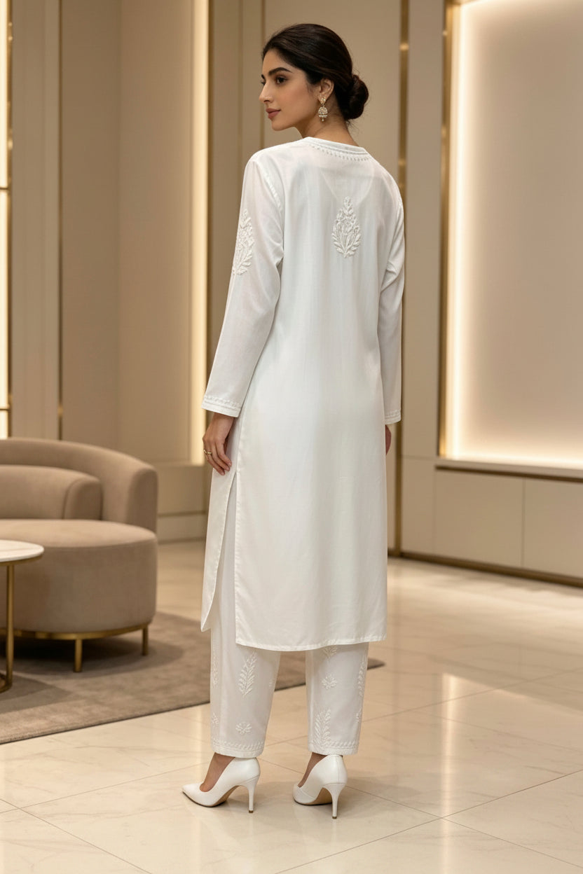 Full-length styling view of the luxury premium White Rayon Chikankari 2pc straight-cut kurti and trouser suit set