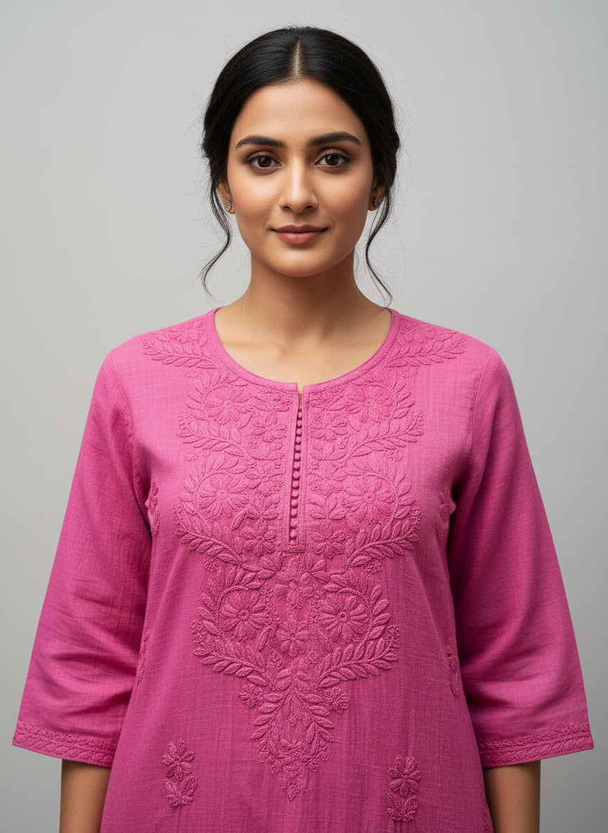 magenta chikankari khadi fabric kurti front top close up view