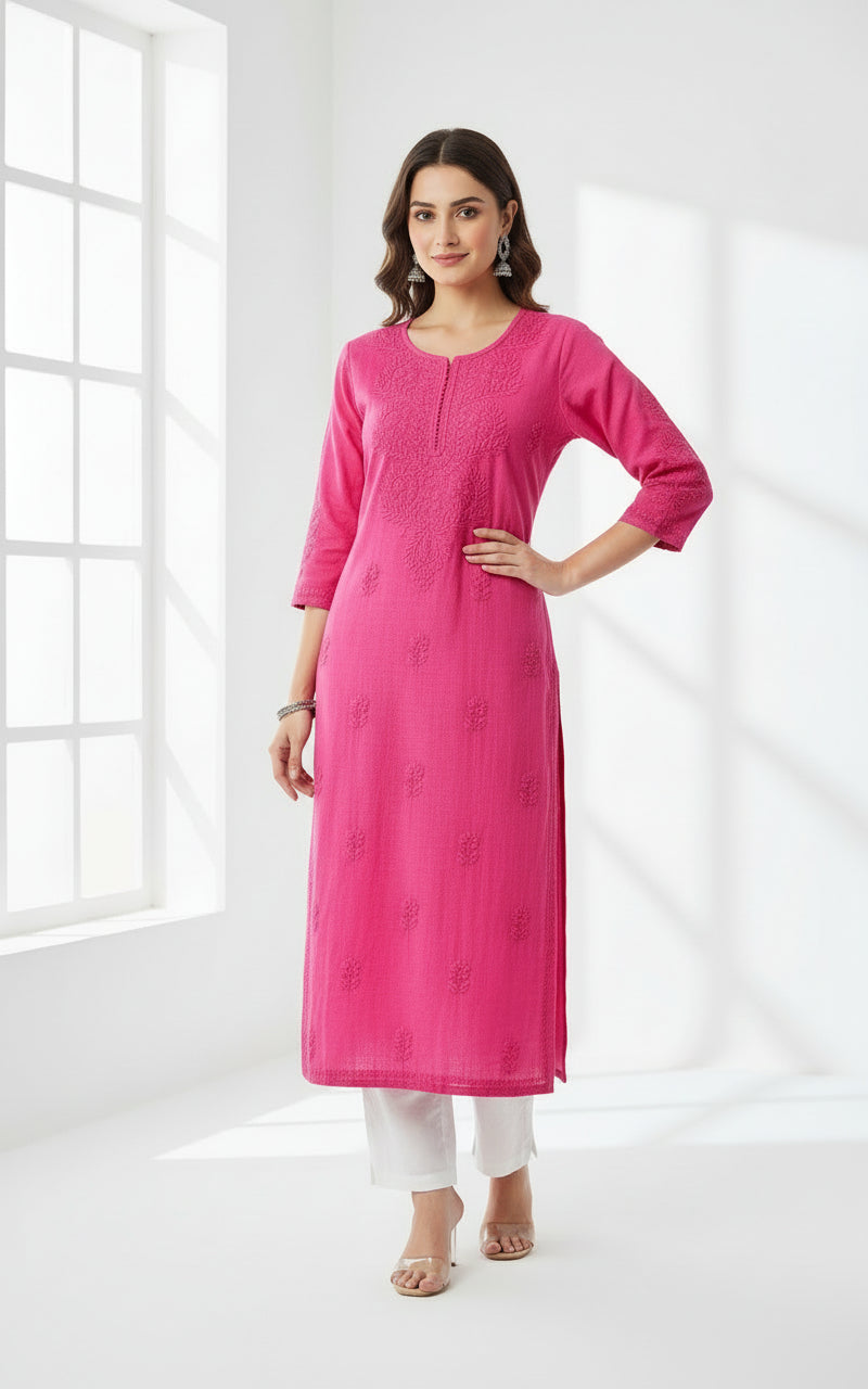 magenta chikankari khadi kurti rear front view