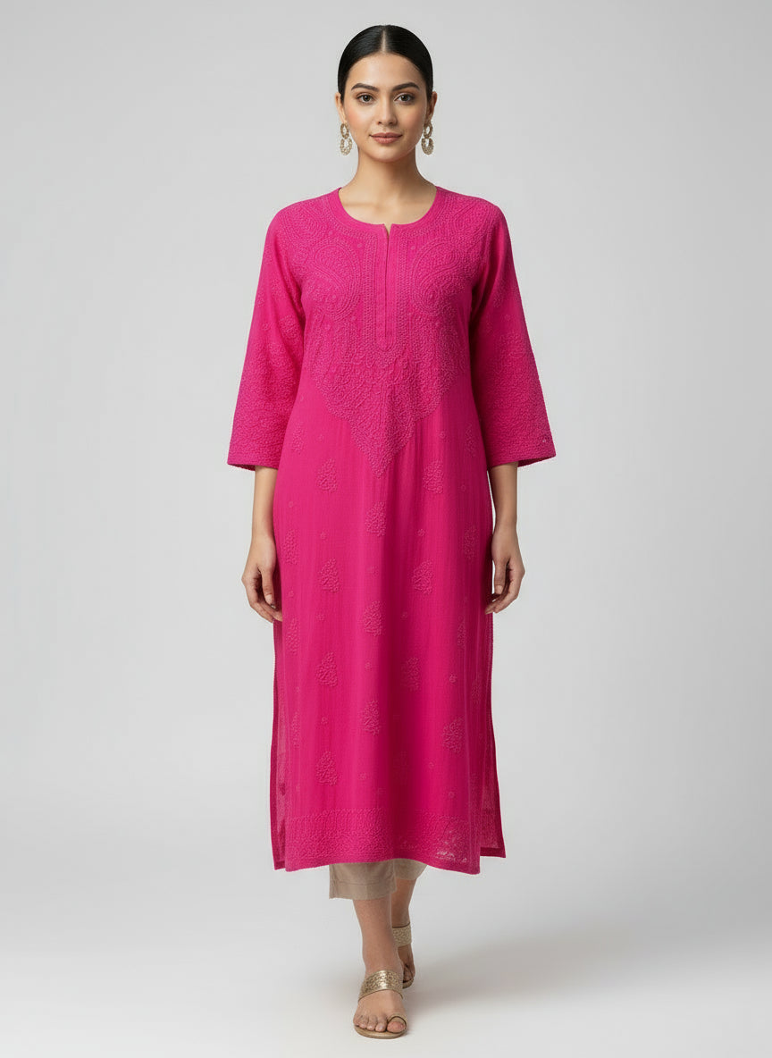 magenta chikankari viscose long kurti