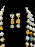 Gold-Plated Kundan-Studded & Pearl-Beaded Tripal-Stranded Handcrafted Jewellery Set | – Famaza Couture