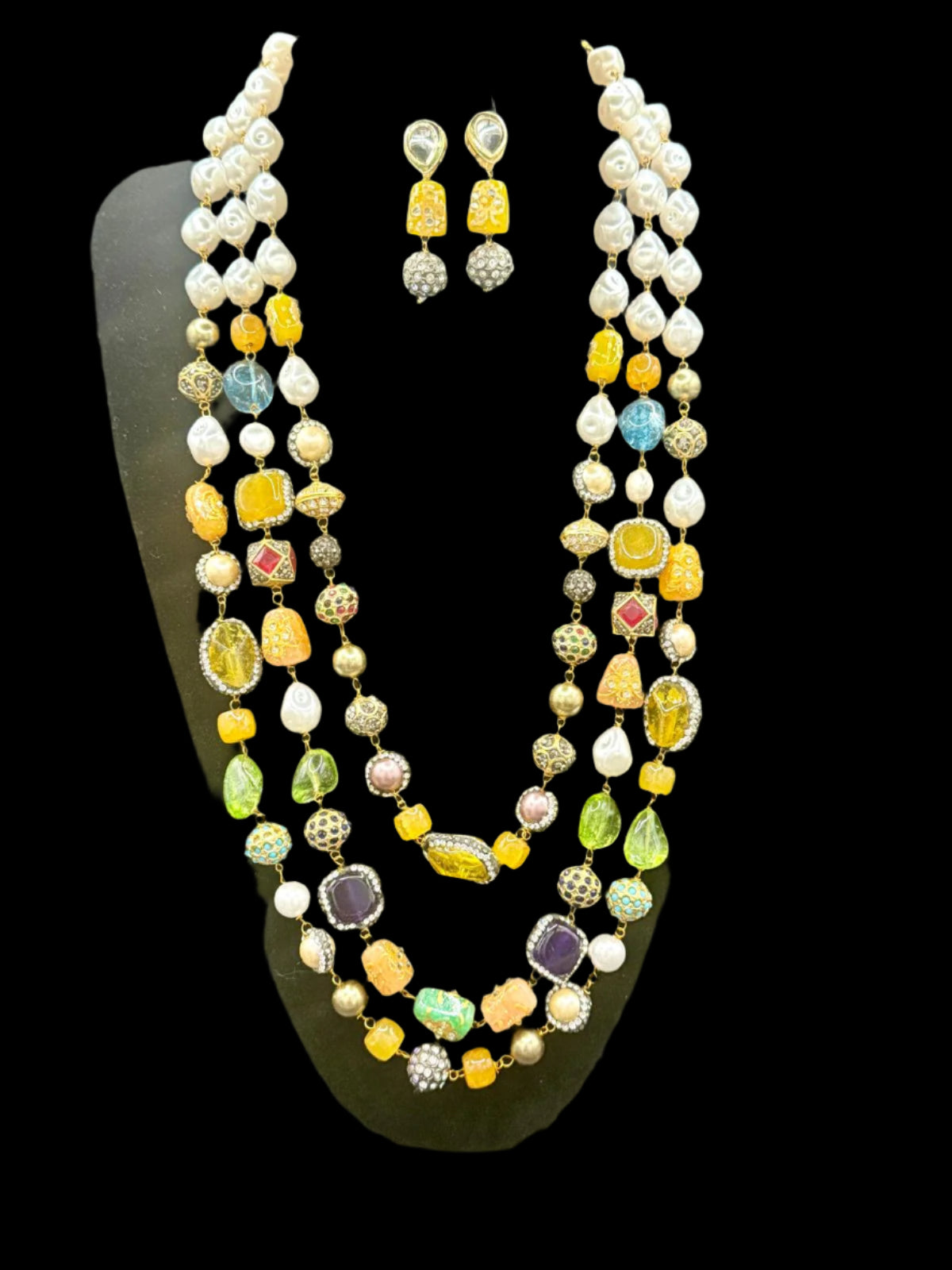 Gold-Plated Kundan-Studded & Pearl-Beaded Tripal-Stranded Handcrafted Jewellery Set | – Famaza Couture