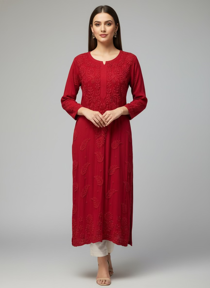 maroon colour chikankari 3d embriodery long viscose fabric kurti