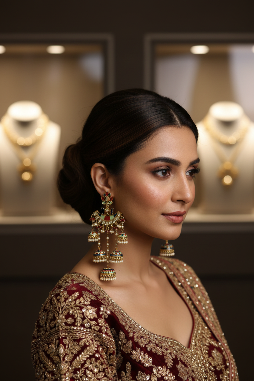 maroon wand navy blue Meenakari Jhumka Chandbali Earrings with Pearl Drops – Traditional Indian Bridal & Party Wear Earrings.
