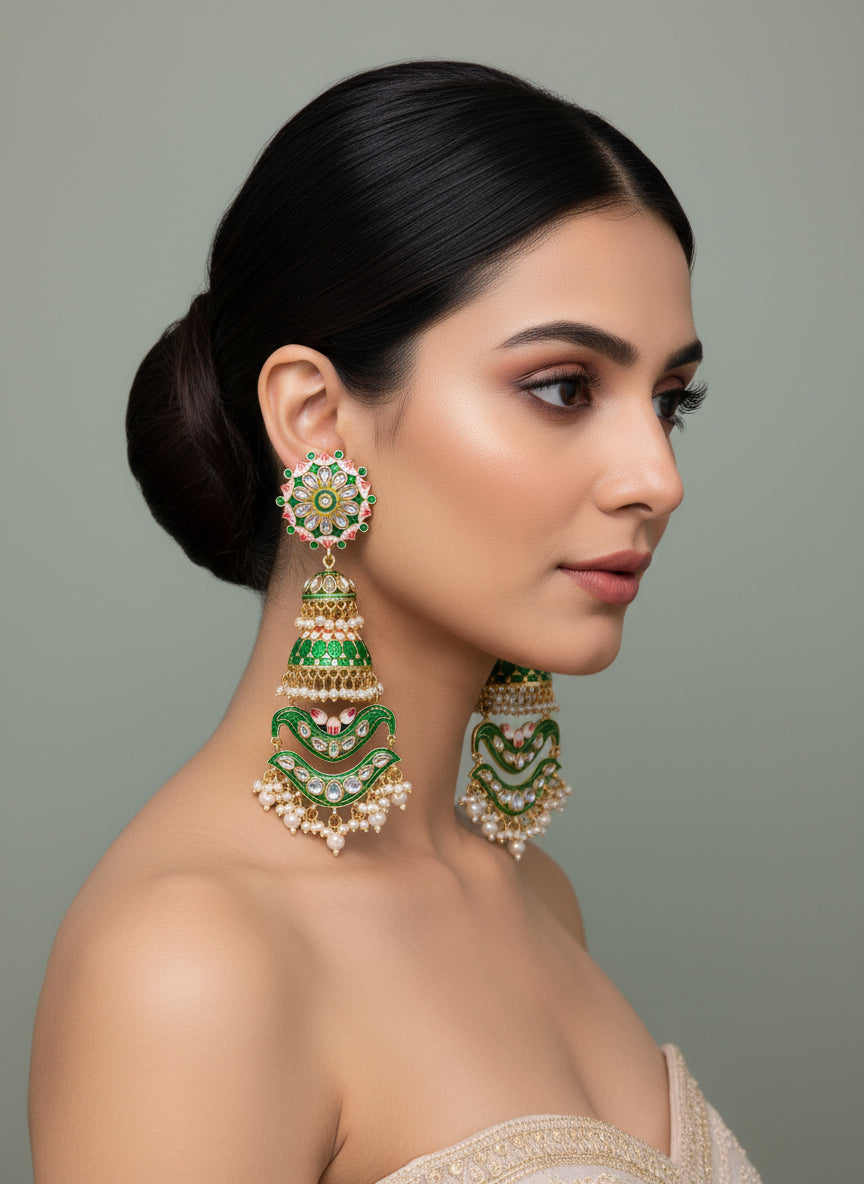 Meenakari jhumka earrings with kundan stones