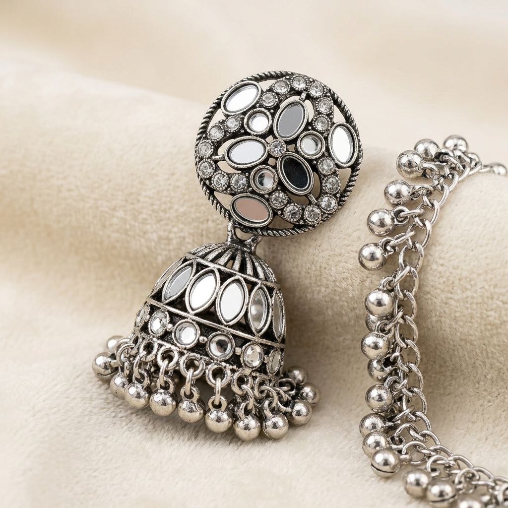 Close-up of Mehr’s mirror-work circular top, ornate jhumka dome, dangling bells and Sahara chain