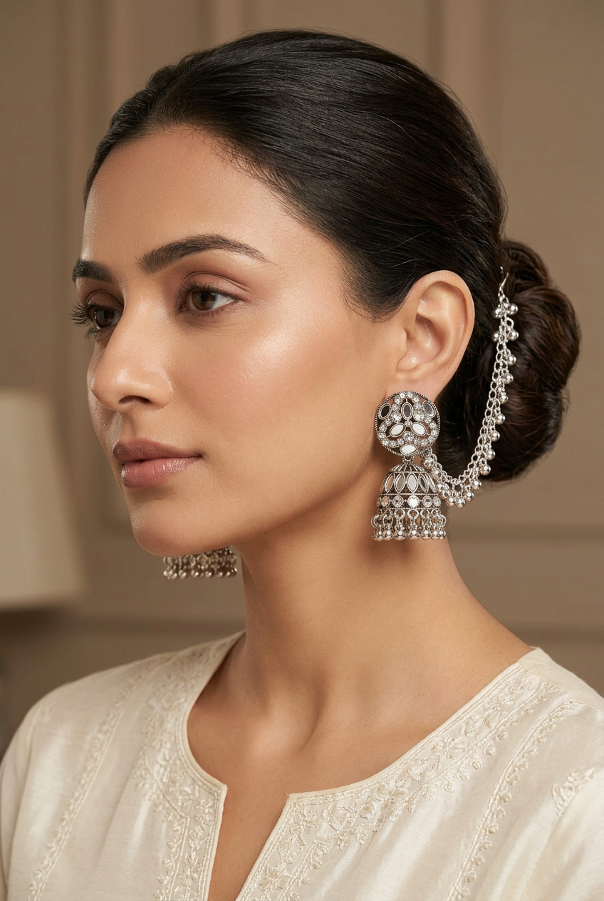 Model wearing Mehr oxidised silver-tone mirror jhumka earrings with Sahara chains draped into her hair.