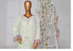 Mint green embroidered kurta on a mannequin with pink scalloped cuffs and a floral dupatta draped over one shoulder.