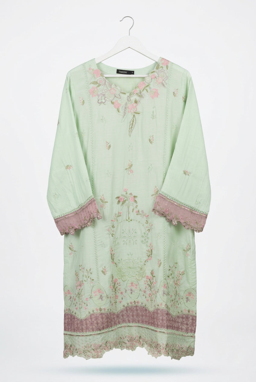 ront view of a mint green kurta with floral embroidery, pink scalloped cuffs and a decorative embroidered hem