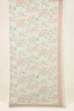 Sheer mint green chiffon dupatta with pink flowers, green leaves and a pink border.