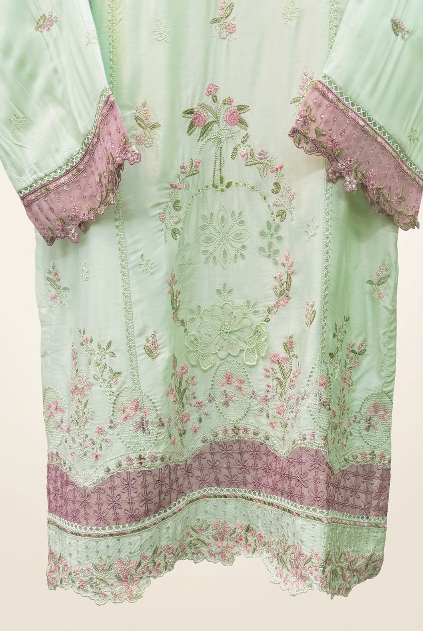 Lower front of a mint green kurta with floral embroidery, central cutwork, a pink border and a scalloped embroidered hem