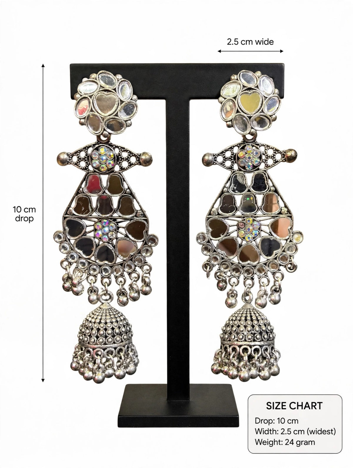 Mirror Muse silver-tone jhumka earrings size guide showing a 10 cm drop, 2.5 cm maximum width and 24 g pair weight